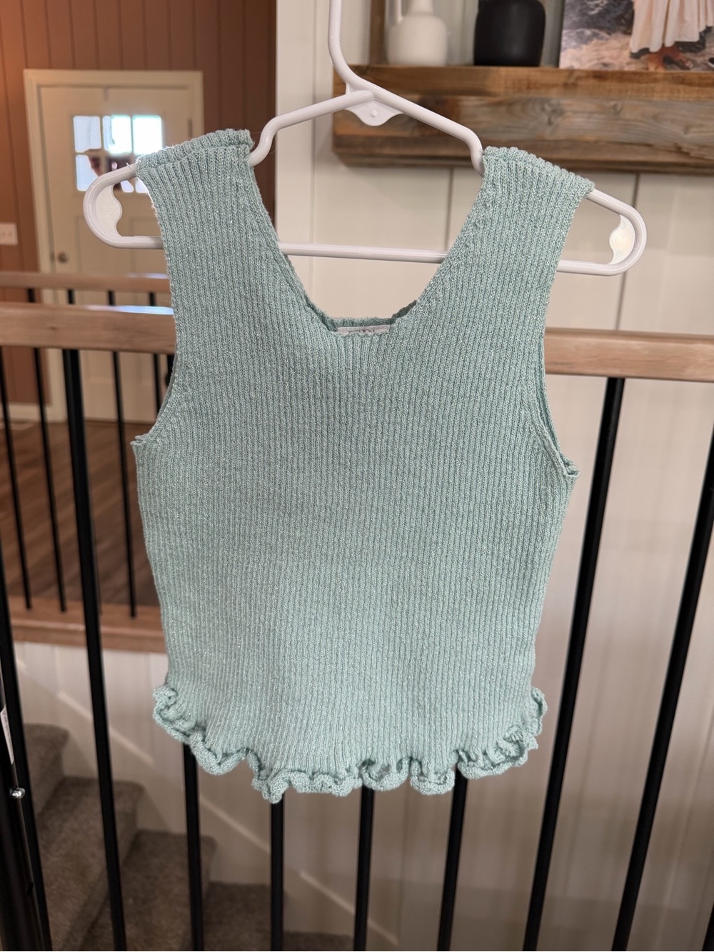 Zara Light Mint Ribbed Knit Tank with Ruffled Hem